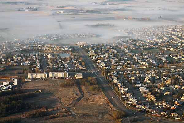 Aerial view of Leduc on a foggy morning