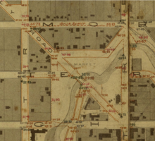 Detail of Market Place on the map of Christchurch in 1862 by C. E. Fooks. Fooks Map 1862 - Victoria Square.png