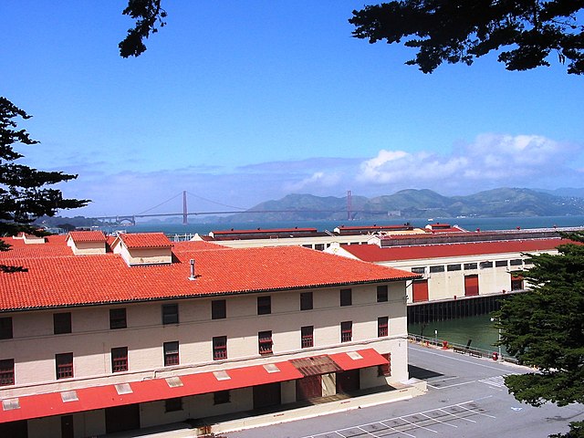 Historic wharves at Lower Fort Mason, viewed from Upper Fort Mason