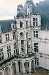 A Renaissance staircase at the Chateau de Chambord completed in 1547. Variations of this design became a popular feature of the Neo-Renaissance. France Loir-et-Cher Chambord Chateau 04.jpg