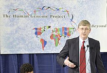 Francis Collins announces the successful completion of the Human Genome Project in 2003 Francis Collins, M.D., Ph.D. (27254121813).jpg