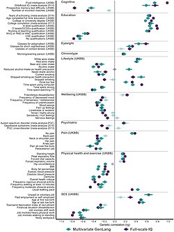 Study results about which and to what degree various traits, IQ & language-related skills appear to be influenced by genetics. Genetic correlation results about traits, IQ and language skills.jpg