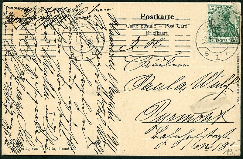 File:Georg Kugelmann PC 0000 Verlag von Fritz Otto, Hannover, Buschstraße, Adressseite 1911 an Fräulein Paula Wulf, Pyrmont ....jpg