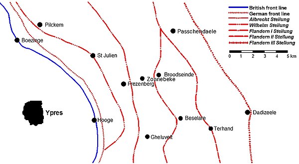 The British front line and the German defences in the area east of Ypres, mid-1917