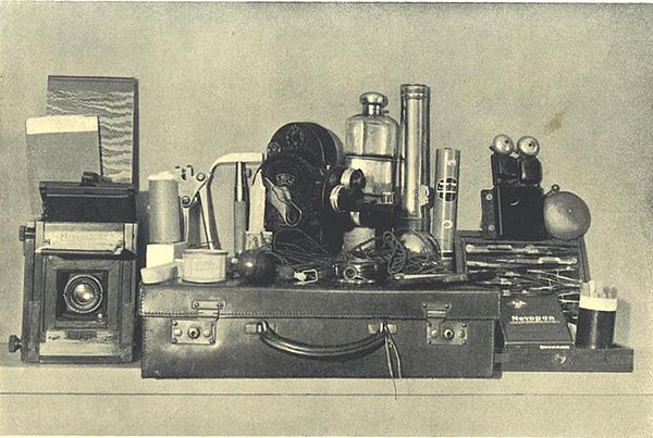 Price's "ghost hunting kit" included reflex and cinematograph cameras, tools for sealing doors and windows, apparatus for secret electrical controls, 