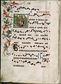 Čeština: Graduál loucký (1499), strana 15. Iniciála Benedicta s vyobrazením Nejsvětější Trojice. Vědecká knihovna v Olomouci, signatura M IV 1