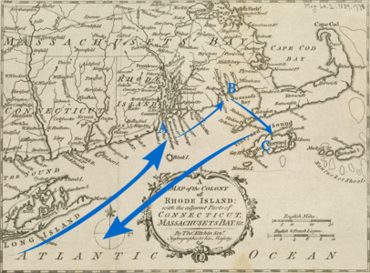 Moviments de la incursió de Grey des de Newport (A) cap a New Bedford (B) i Fairhaven, finalitzant a Martha's Vineyard (C) i tornant cap a Nova York