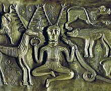 The "Cernunnos" type antlered figure on the Gundestrup Cauldron Gundestrup Cernunnos.jpg