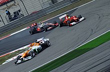 Nico Hulkenberg leading Massa and Hamilton Hulkenberg massa hamilton china 2012.jpg