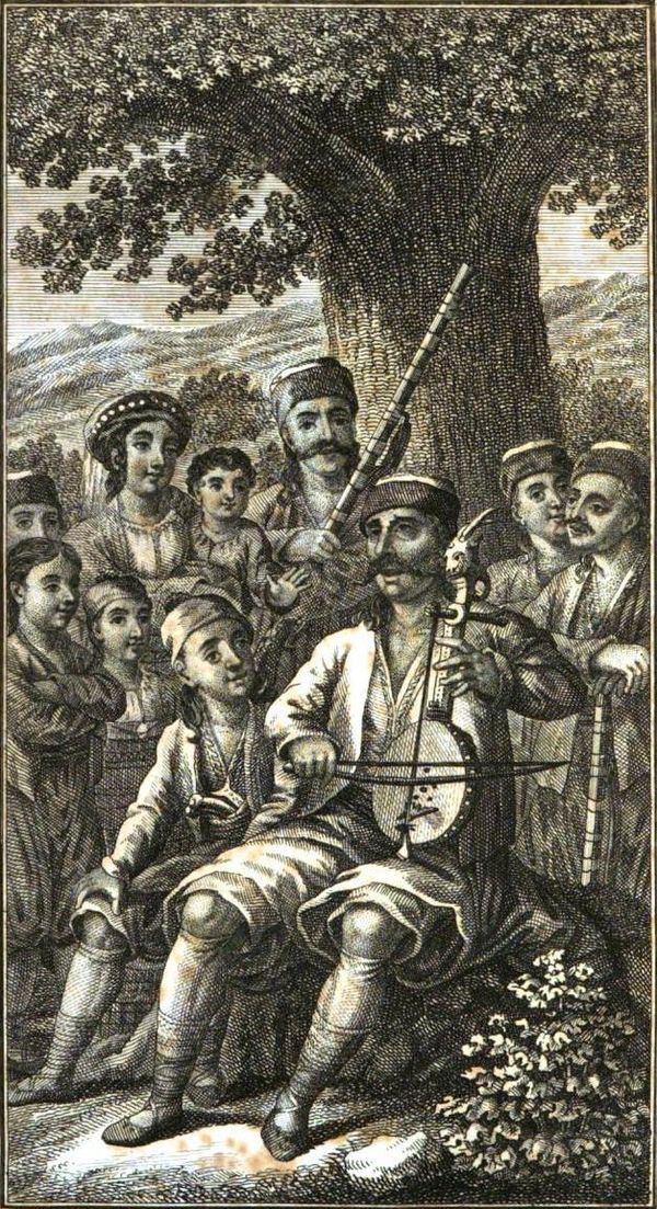 A Serb sings to the gusle (drawing from 1823). Serbian epic poems were often sung to the accompaniment of this traditional bowed string instrument.