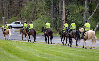 Members of the First Company Governor's Horse Guards participate in road rides like this one to desensitize the horses to cars and activity as well as to bring goodwill and visit with community organizations such as local schools and nursing homes. Horse Guards Road Ride.jpg