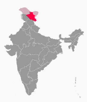 Ladak (růžově) na mapě Kašmíru