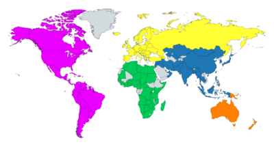 Map of world with five continental regions ITU Map.png