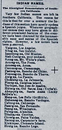 Hutuknga, spelled Hutucg-na, listed as being located in Old Santa Ana (Yorba's) in an early mention of the village's name in the Los Angeles Herald in 1893. Indian place names Los Angeles Herald.jpg