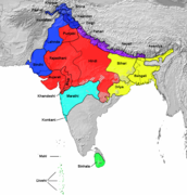Généalogiquement, le bengali appartient au sous-groupe des langues indiques orientales (en) (indiqué en jaune sur la carte) du groupe des langues indo-aryennes.