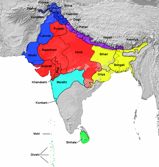 Indo-Arische talen die hun respectievelijke Brahmische schriften gebruiken (behalve donkerblauw gekleurde talen die Arabisch-afgeleide schriften gebruiken).