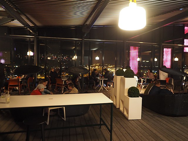 Interior of the Moro Sky Bar on the 25th and topmost floor of Sokos Hotel Torni in the city center of Tampere, Finland.