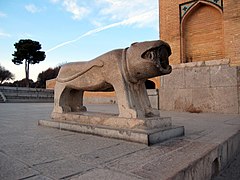 One of the two stone lions of the Khaju Bridge.