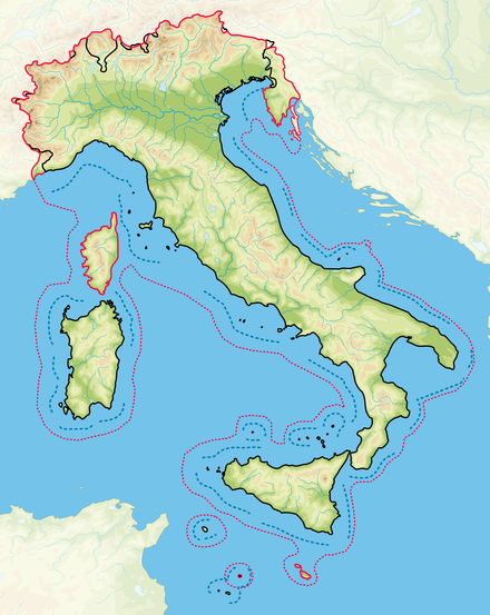 In black, the borders of the Italian Republic, in red the borders of the Italian geographical region.