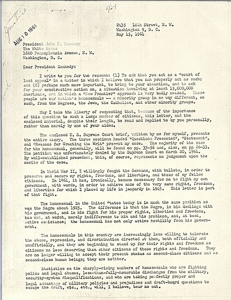 Letter from Kameny to President Kennedy, JFK Library