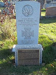 Headstone of Sergeant John Francis Young, VC - 87th Bn Canadian Grenadier Guards located in Mount Royal Cemetery. (Montreal, Canada) JF Young VC Montreal Headstone.jpg