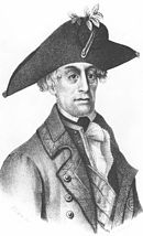 Print shows a man with large, deep-set eyes in 18th Century dress. He wears an enormous bicorne hat.