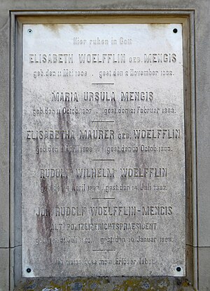 Johann Rudolf Wölfflin (1801–1888) Zuckerbäcker, Polizeigerichtspräsident. Grab auf dem Wolfgottesacker, Basel. Grabstein von C. Wartner, Baudirektor der St. Elisabethenkirche, Basel