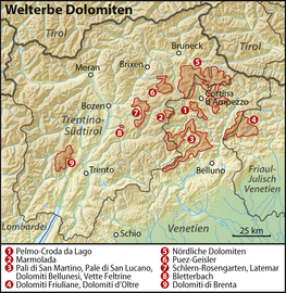UNESCO-Welterbe mit Pelmo und Croda da Lago, Pale di San Martino, Pale di San Lucano, Bletterbach und Dolomiti di Brenta (Karte)