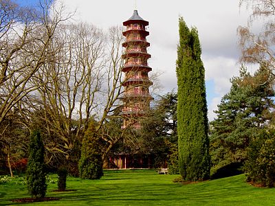 The Pagoda at Kew Gardens in London, built by Sir William Chambers in 1761. Chinese-style building in garden became popular together with the idea of sharawadji in landscape gardening.