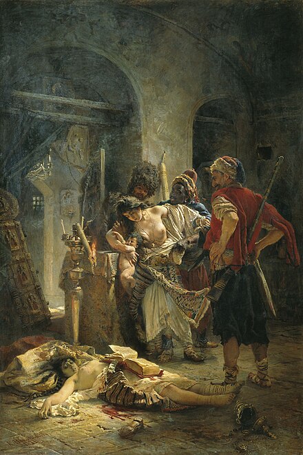 "The Bulgarian Martyresses", 1877 painting by the Russian painter Konstantin Makovsky depicting the rape of Bulgarian women by Ottoman troops during the suppression of the April Uprising a year earlier, served to mobilize public support for the Russo-Turkish War (1877–1878) waged with the proclaimed aim of liberating the Bulgarians.