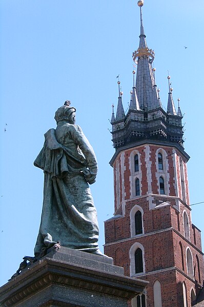 File:Kraków - St. Mary tower and Mickiewicz monument.jpg