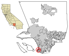 Karte des LA County, inkorporierte Gebiete sind grau eingezeichnet. Palos Verdes Estates ist rot markiert.