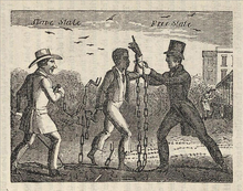 Allegorical liberation of a slave entering a free state, wood-engraving from Narrative of the Life and Adventures of Henry Bibb, An American Slave, 1849 Liberation of slave allegory.png