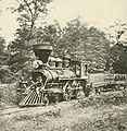 The Union locomotive, "Fred Leach", is photographed on the Orange and Alexandria Railroad after it escaped from Confederates on August 1, 1863 near Union Mills. Holes in the smokestack from Confederate shot are visible.