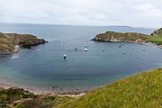 Lulworth Cove in Dorset, England in May 2021.