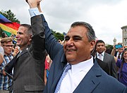 Plaintiffs celebrate outside the Supreme Court of the United States on 26 June 2015 following same-sex marriage legalization in the United States nationwide. Marriage rally (18997209600).jpg