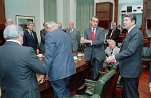 President Reagan consults bipartisan Congressional leaders about the strike. Meeting with Bipartisan Congressman on U.S. Air Strike Against Libya.jpg