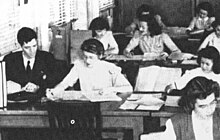 Meredith Gardner (far left); most of the other code breakers were young women. Meredith Gardner, at far left, working with cryptanalysts.jpg