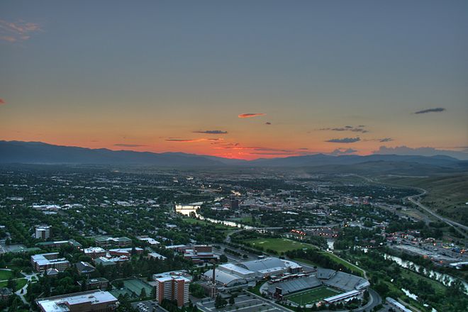 View of Missoula, Montana, looking west from Mount Sentinel over the University of Montana toward Downtown Missoula