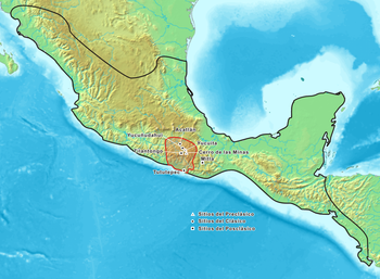 Mixteca histórica. Sitio Pre-Clásico (señalados con un triángulo), Clásico (con un círculo) y Post-Clásico (con un cuadrado).