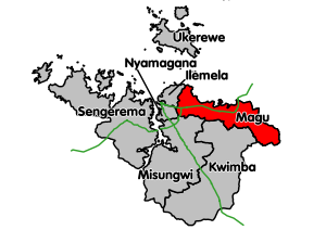 Местоположение на област Magu в района на Mwanza. Магистралните пътища в зелено.