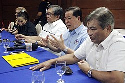 NSA heads including Weightlifting NSA President Monico Puentevella (second from right) and Mariano Araneta (far right) expressed Ricky Vargas candidacy for the 2018 POC elections in a press conference in Pasig. NSA support for Ricky Vargas.jpg