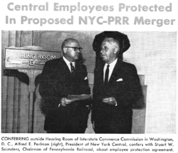 NYC president Alfred E. Perlman (right) confers with PRR chairman Stuart T. Saunders outside the Interstate Commerce Commission Hearing Room in Washington, D.C. about employee job security. NYCRR Headlights Perlman Saunders 196502XX.png
