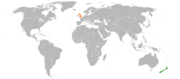 Location map for New Zealand and the United Kingdom.