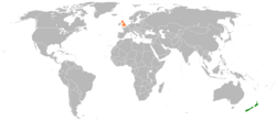 Map indicating locations of New Zealand and United Kingdom