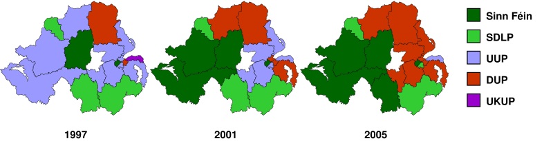The results of the 2005 general election in Northern Ireland, compared against the previous two Westminster elections. This shows the considerable gains by the DUP and Sinn Fein largely at the expense of the UUP. Northern Ireland election seats 1997-2005.svg