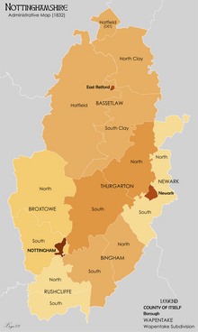 Nottinghamshire Wapentakes in 1832 Nottinghamshire Administrative Map 1832.png