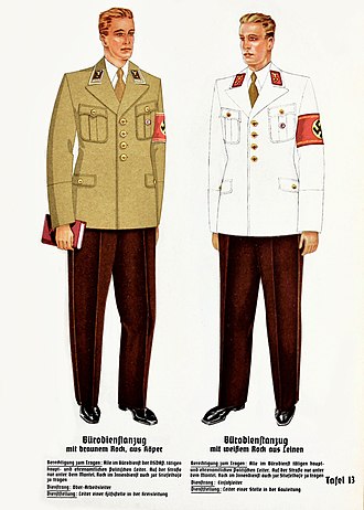 Einsatzleiter uniform, 1940 (right) Organisationsbuc00nati 0 orig 0115 ORGANISATIONSBUCH DER NSDAP 1943 Parteigenossen Politische Leiter Uniformen Symbole Tafel 13 Burodienstanzug braunem u. weissen Rock Public domain EDITED.jpg