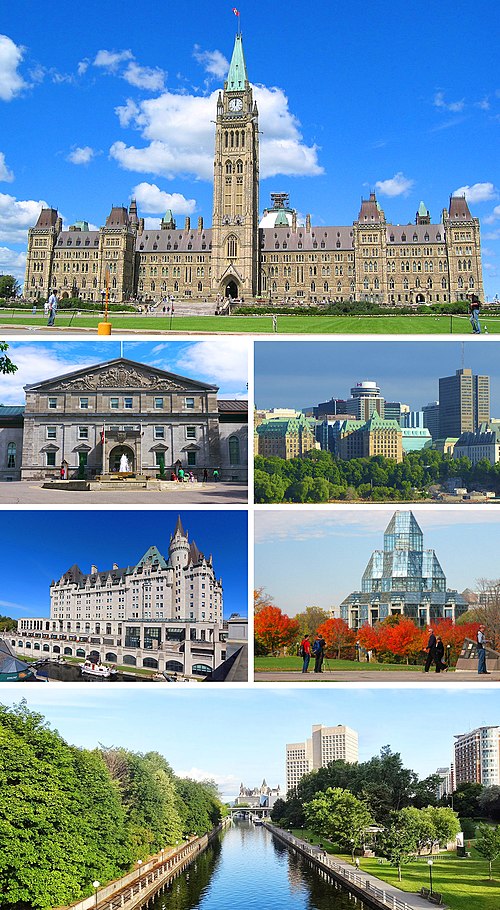 From top, left to right: Centre Block on Parliament Hill, the Government House, Downtown Ottawa, the Château Laurier, the National Gallery of Canada and the Rideau Canal
