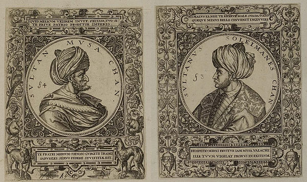 Late 16th-century depiction of Musa and Süleyman, facing each other